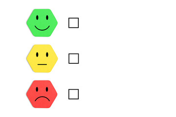 Emotion face symbol on Green, yellow and red wooden blocks, Consumers Show Satisfaction Rating concept by evaluating business success. Services and products and Customer Engagement, Quality Assessment