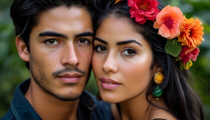 Intimate close-up portrait of a passionate young Latin couple capturing the beauty of love and connection between a Hispanic man and Latina woman