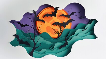 Wall Mural - spooky and atmospheric halloween night landscape with silhouetted bats flying in front of a large or