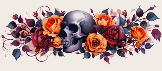 Dramatic Skull and Rose Bouquet Floral Arrangement with Moody Gothic Aesthetic  Dark romantic and mysterious floral composition with black skull vibrant orange roses