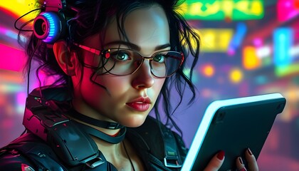 Wall Mural - Futuristic Cyberpunk Woman Engaged with Digital Tablet in Neon-Lit Urban Environment