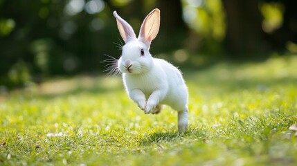 Wall Mural - a white rabbit running in the lawn, photograph, AI Generative