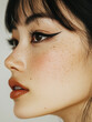 © Chari - Close-up of a woman with striking eyeliner and natural freckles, showcasing her flawless skin and delicate features against a neutral background