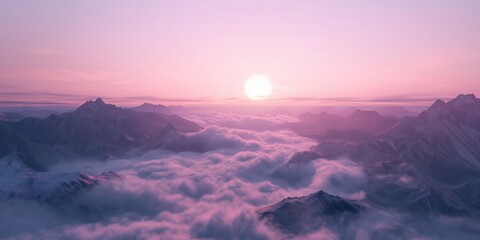 Picturesque panorama of mountains in fog and cloudsin a beautiful sunrise light. Based on Generative AI