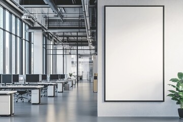 Modern office interior with a blank poster frame, white walls.