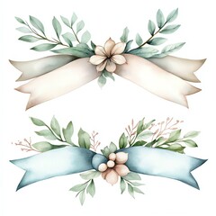 Boho Christmas ribbon clipart, with tribal designs, watercolor illustration, soft pastel colors, isolated on white background