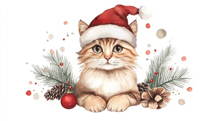 Boho Christmas cat clipart, with festive accessories, watercolor illustration, soft pastel colors, isolated on white background