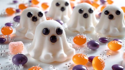 Adorable ghostly Halloween sweets with pumpkins and skulls  Cute spooky and whimsical candies and jellies in the shape of ghosts perfect for a festive holiday or trick or treat desserts