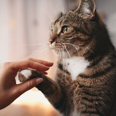 cute tabby cat touching human mate, AI generated