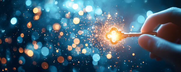 a hand holding a sparkling key, surrounded by shimmering particles in a vibrant blue background, sym