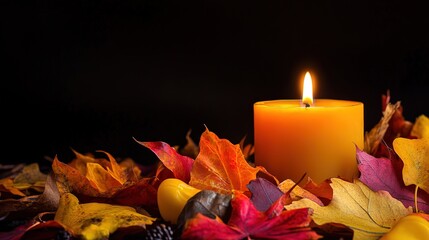 Wall Mural - Autumn leaves with candle and leaves with dark background
