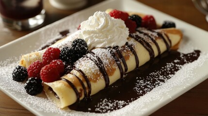 Wall Mural - A beautifully presented platter of crepes topped with chocolate sauce, powdered sugar, and whipped cream, served with berries.