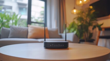 A modern WiFi router on a table in a cozy living room setup, illustrating home internet connectivity and smart home environment.