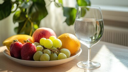 Wall Mural - A close-up of a fruit-filled plate alongside a sparkling glass of water, set on a light wooden table with a soft, airy backdrop.