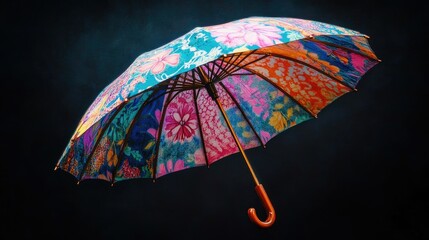 Canvas Print - A colorful umbrella with an ornate wooden handle, its patterns glowing against a dark, shadowy background, creating a strong contrast.