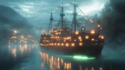 Ghost ship floating through foggy waters jack o lanterns illuminating the deck