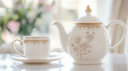 Wall Mural - A luxurious white teapot and creamer with fine gold trim and intricate floral patterns, placed elegantly on a clean table.