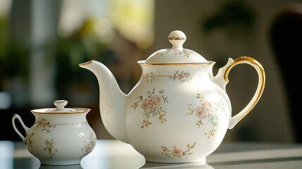 Wall Mural - A white porcelain teapot with a matching creamer, featuring gold details and floral patterns, arranged on a minimalistic table.