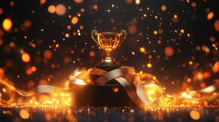 Wall Mural - Black podium with a 3D golden trophy on top, surrounded by ribbon decorations, fiery light, and glittery bokeh