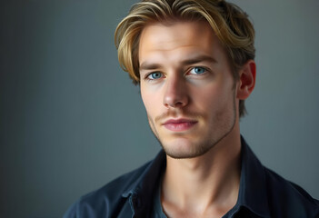 Wall Mural - A young Caucasian man with short blonde hair and blue eyes, against a plain gray background