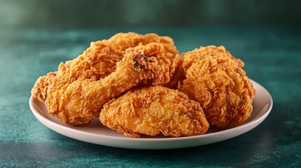 Close-up of crispy fried chicken pieces on a white plate, placed on a green textured background. Perfect for showcasing delicious comfort food.