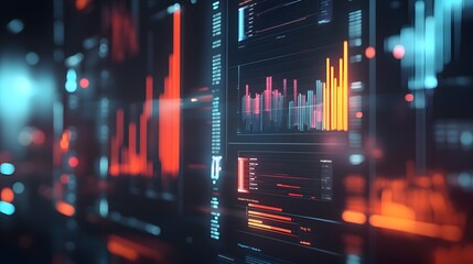 Comparative Metrics: A sleek, high-tech comparison scene showing side-by-side bar graphs of different metrics like revenue streams, expense categories, and project milestones