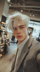 Wall Mural - social media influencer, white hair and grey eyes wearing stylish business attire. Background of fashion store. Posing for his profile picture, trying to look good.