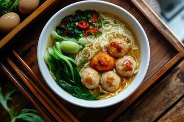 Top view of Japanese ramen spicy soup with fish balls green bak choy and brasied five spice duck eggs in white bowl on serving brown wooden tray , ai