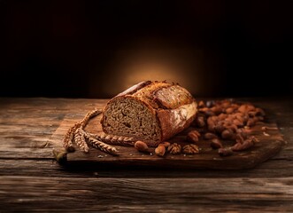 A loaf of bread with nuts and wheat on a wooden surface.