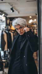 Wall Mural - social media influencer, white hair and grey eyes wearing stylish business attire. Background of fashion store. Posing for his profile picture, trying to look good.