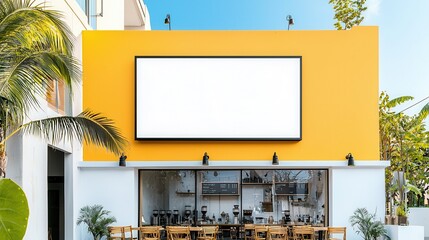 Poster - Blank Billboard on Yellow Cafe Building.