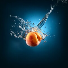 Poster - A peach falls into a pool of water, creating a splash of droplets and bubbles.