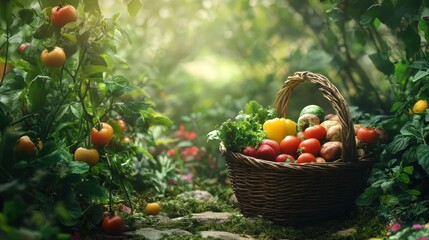 Basket of Fresh Produce in a Lush Garden