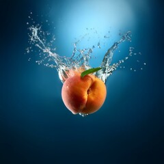 Poster - A peach with a single leaf falls into a pool of water, creating a spray of droplets against a blue background.