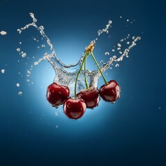 Poster - Three red cherries with green stems splash into a blue background.