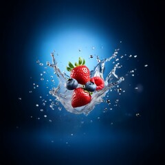 Aufkleber - Three fresh berries suspended in mid-air are surrounded by a water splash against a blue background.