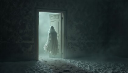 A ghost in the doorway of an old abandoned home, on Halloween night, dark and scary