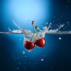 Poster - Two red cherries splash into a clear blue water.