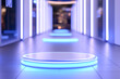 © enterdigital - Futuristic hallway illuminated with blue lights, featuring round display platforms for showcasing products or art.