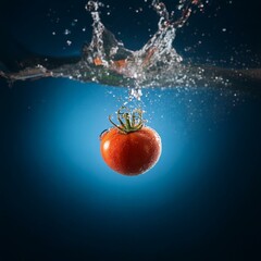 Poster - A red tomato falls into a blue liquid, creating a splash.