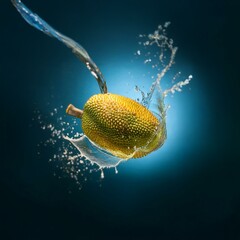 Poster - A jackfruit is submerged in water, creating a splash of water droplets.