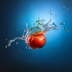 Poster - A single tomato, with a vine, splashes into a blue liquid, creating a crown of water droplets.