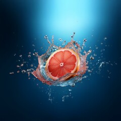 Poster - A half of grapefruit creates a splash in a pool of water against a blue background.