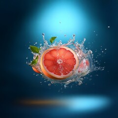Aufkleber - A grapefruit half with green leaves is suspended in mid-air surrounded by water droplets and splashes against a blue background.