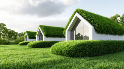 Modern eco-friendly houses with green roofs, surrounded by lush grass, showcasing sustainable architecture and natural beauty.