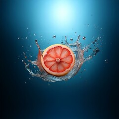 Aufkleber - A grapefruit half creates a splash of water on a blue background.