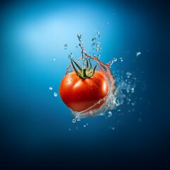 Poster - A red tomato with green stem is suspended in the air, surrounded by a splash of water against a blue background.