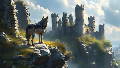 Wall Mural - Majestic wolf atop a cliff gazing at ancient castle ruins nestled in the wilderness