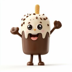 3D cartoon chocolate ice cream character isolated on a white background, creating a playful and fun design.