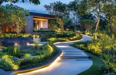 A modern garden with LED lighting, featuring winding paths leading to the house's entrance and a beautifully designed landscape that includes lush greenery, small water features, and vibrant flowers